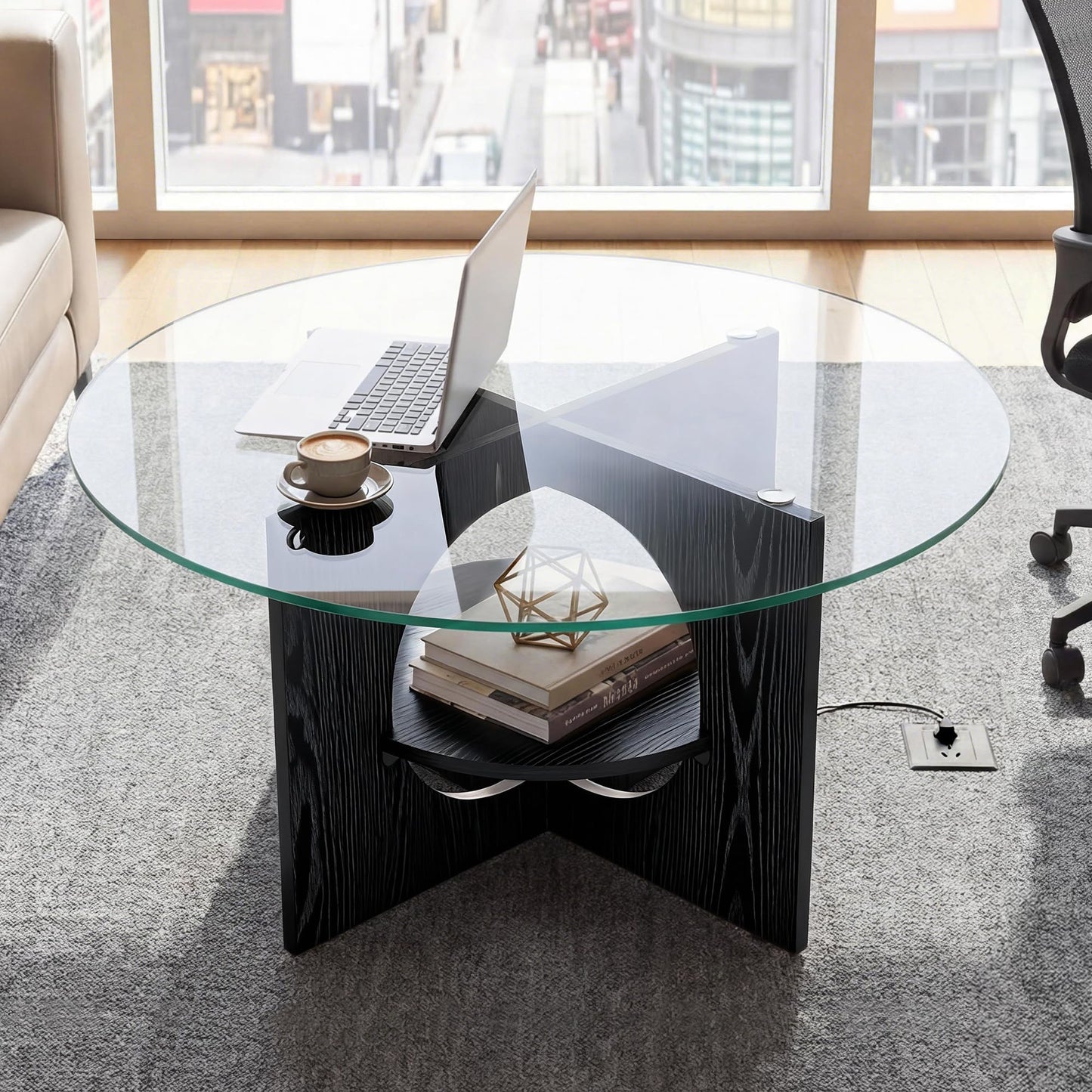 YITAHOME Round Coffee Table, 2-Tier Glass Coffee Tables with Storage, Multi-Purpose Modern Center Table or Cocktail Table for Living Room, Office, Lounge, Black