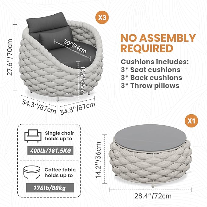 Erotr Balcony Furniture Set for Apartments: 4 Pieces Aluminum Woven Rope Patio Conversation Set - Modern Cushioned Lounge Chair Set - Assembled Porch Armchair for 400lbs Garden Lanai Poolsides Hotel