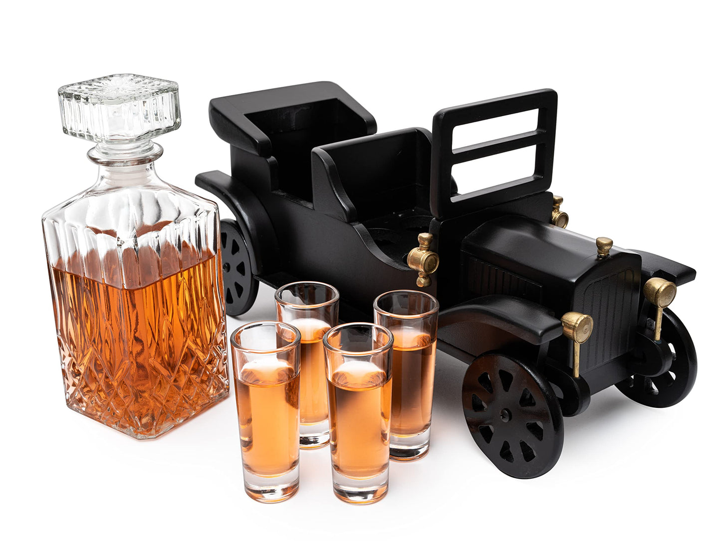 Vintage Car Decanter Set, Large Bar Centerpiece - 750ml Decanter + 4 Shot Glasses, Whiskey Gifts for Men, Dad, Birthday, Limited Edition, Great Bar Gift - Elevate Your Drinking Experience
