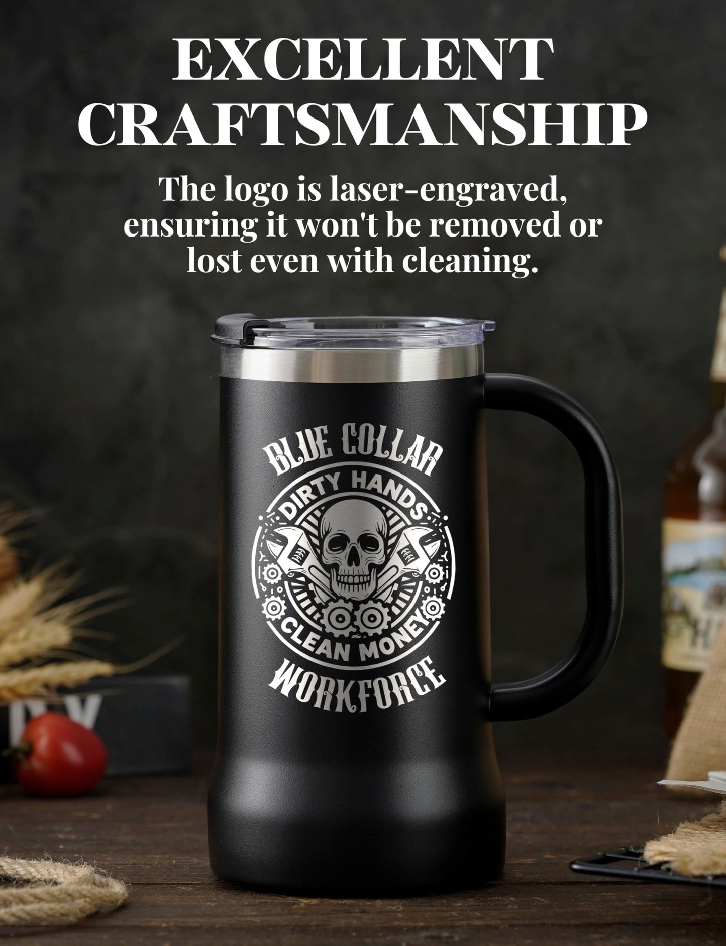 Onebttl Blue Collar Gifts for Men, Boyfriend, Stainless Steel Beer Stein Tumbler, 24oz Beer Mug with Lid for Mechanic, Welder, Construction Worker