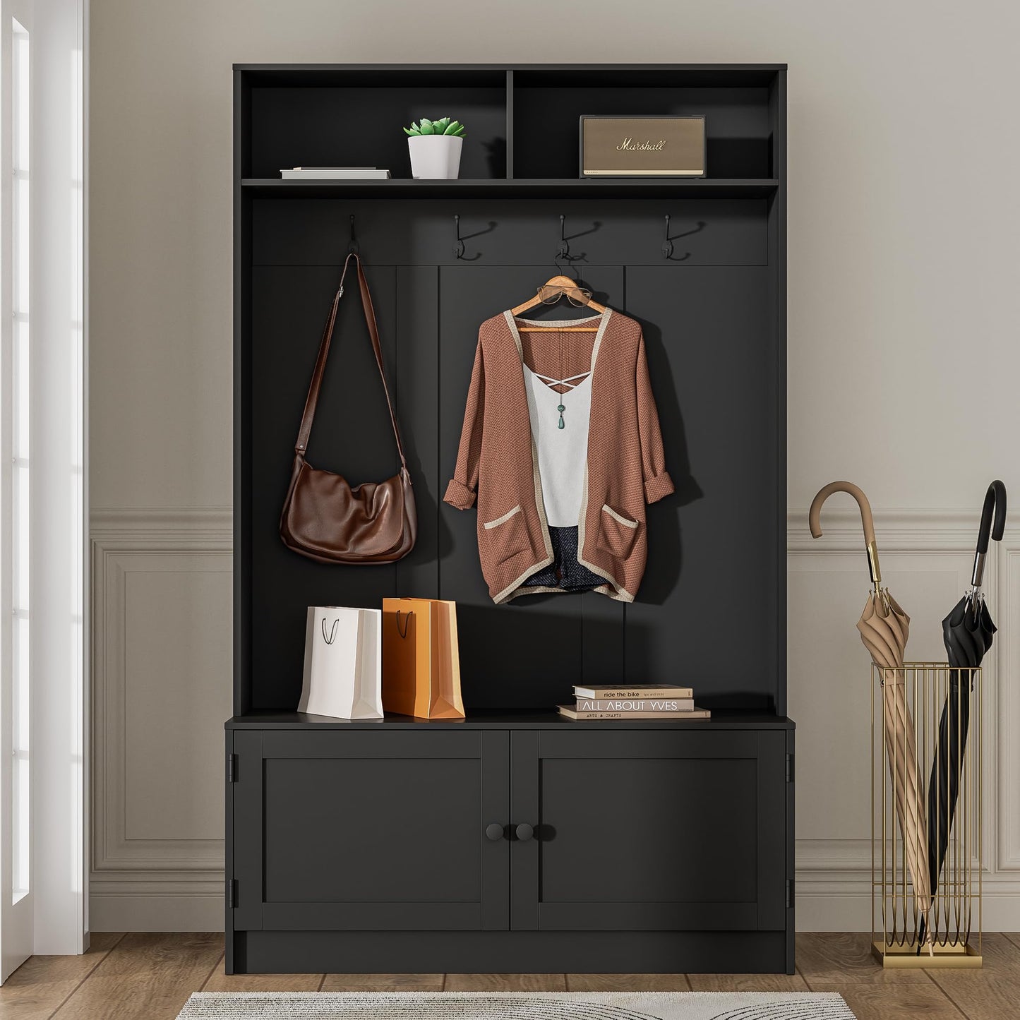 MHOM Black Hall Tree with Storage, 65" Tall Entryway Bench with Shoe Storage, Coat Rack and Top Shelf, Freestanding Wooden Hall Tree with Bench for Entryway, and Hallway