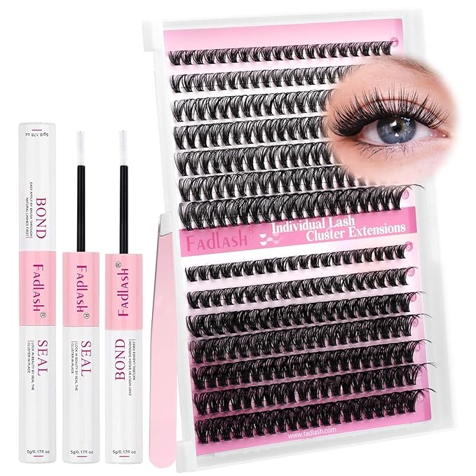 FADLASH Lash Clusters Kit DIY Eyelash Extension Kit 240Pcs 30D+40D Eyelash Clusters D Curl with Lash Bond and Seal Lash Tweezer Individual Lashes Kit (30D+40D-8-16mm, Kit)