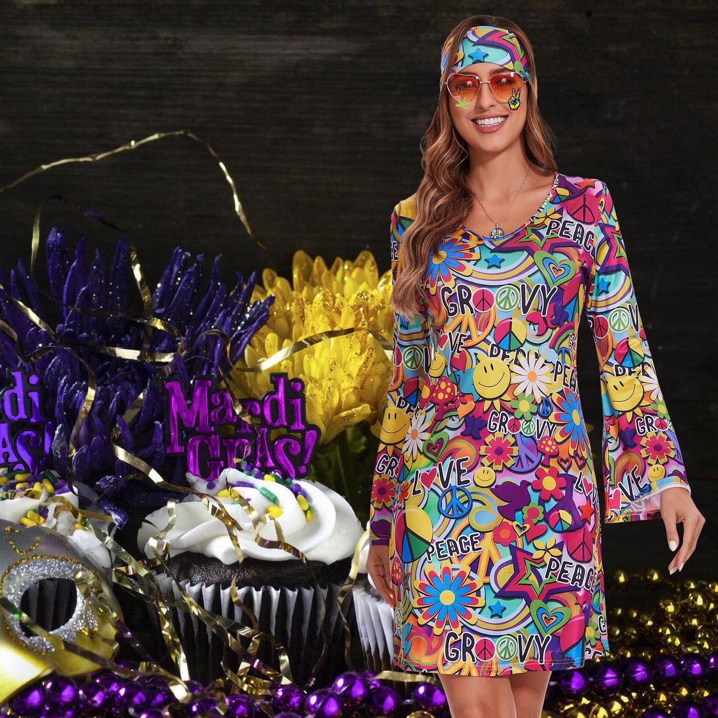 ATAMET 70's Women Costumes Hippie Dress, 1970s Outfits Accessories Set, 60s 70s Disco Prom Dress, Carnival Halloween Costumes (Bright Colors Peace Love, X-Large)