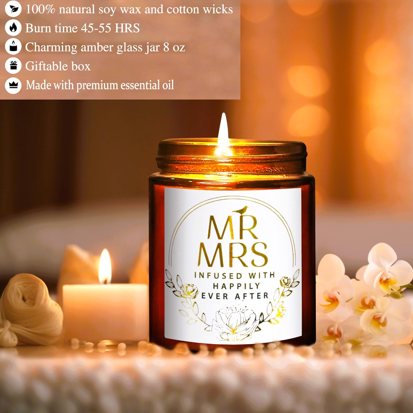 Briojoy Wedding Gifts for Bride, Groom - Mr and Mrs Candle - Happy Engagement Gift for Her, Bride to Be - Gifts for Bridal Shower, Newlywed, Married Couples Anniversary - Jasmine Scented Soy Candle