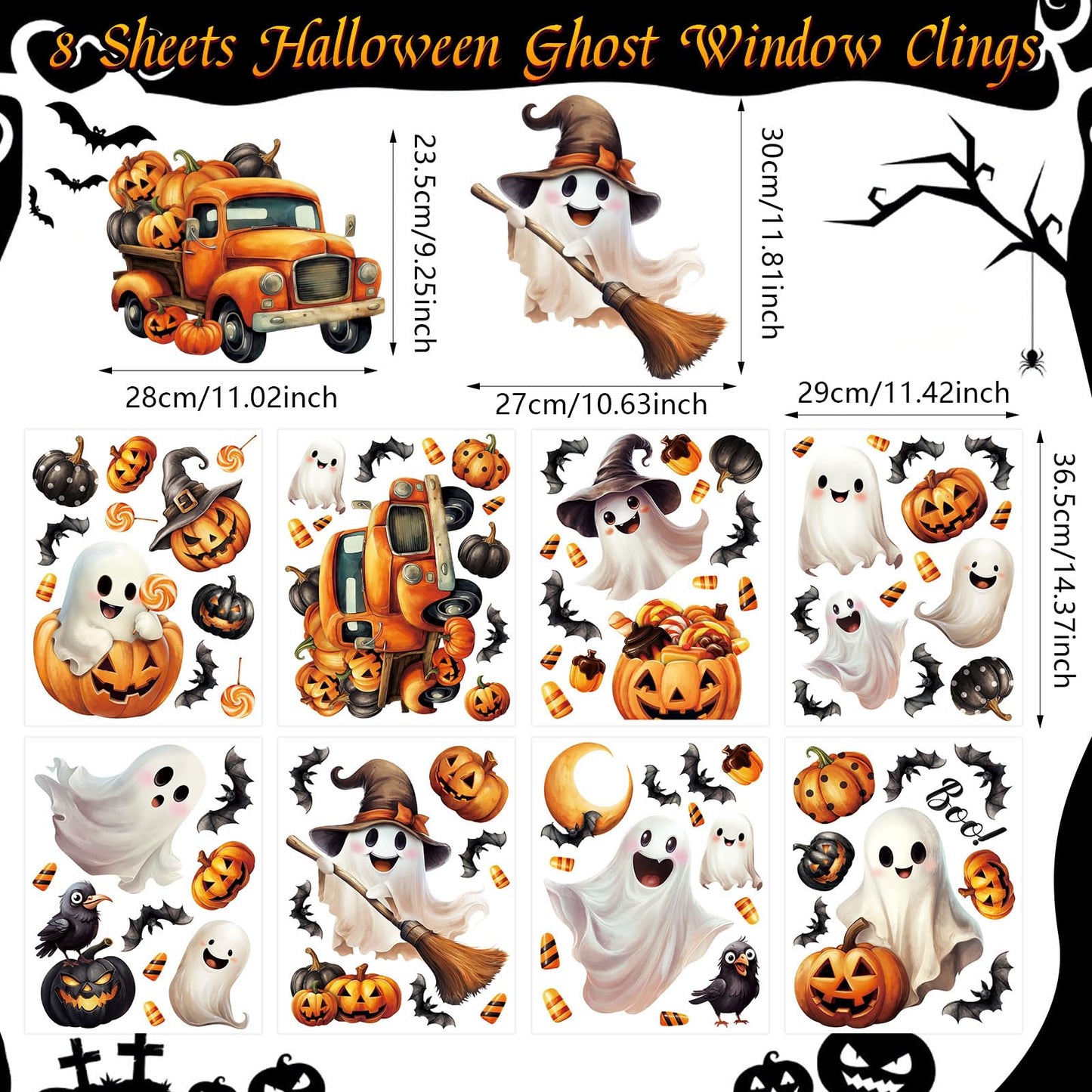 LOAVER 8 Sheets Halloween Ghost Window Cling Stickers,Spooky Ghost Pumpkin Bat Boo Window Clings for Halloween Fall Party Indoor Glass Decor