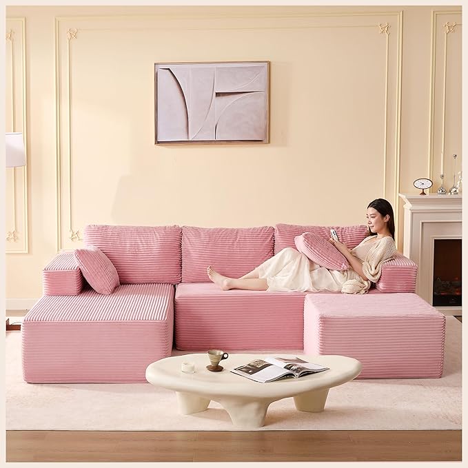 Afuson 107" Boneless Couch with Deep Seat, Modular Sectional Sofa, Cloud Sectional Couch for Living Room, No Assembly Required, Corduroy, U-Shape 3 Seater Left, Pink