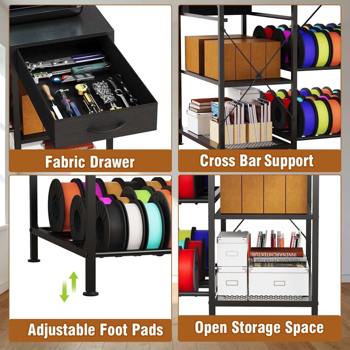 3D Printer Table with Filament Storage, 3-Tier 3D Printer Stand with Power Outlet & Drawer, Heavy Duty 3D Printer Rack for Workshop Studio Office (Black)