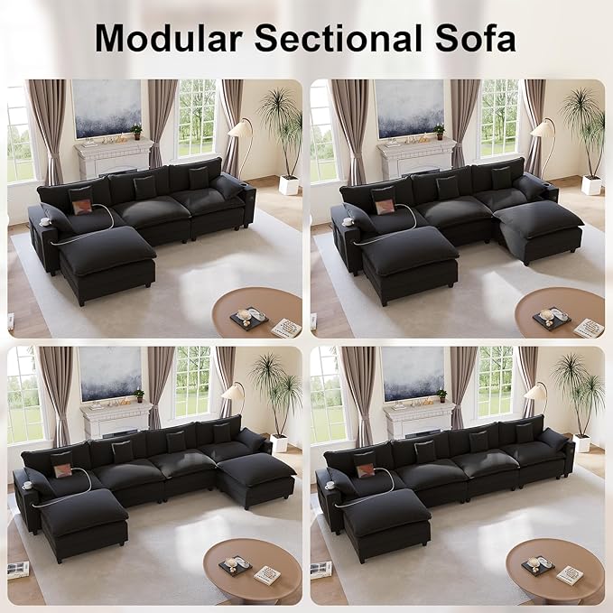 KCGKCG 116" Modular Sectional Sofa, L Shaped Cloud Couch with Movable Ottoman, Chenille Deep Seat Cloud Sofa with Charging Station, Cup Holder, Side Pocket, Sectional Couches for Living Room, Black