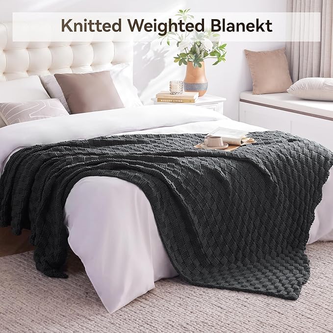 Knitted Weighted Blanket for Adult, No Beads Heavy Blanket 60” x 80'' 15lbs, Breathable Chunky Knit Blanket, Cooling Weighted Blanket for Hot Sleepers, Christmas Home Decor (Dark Grey)