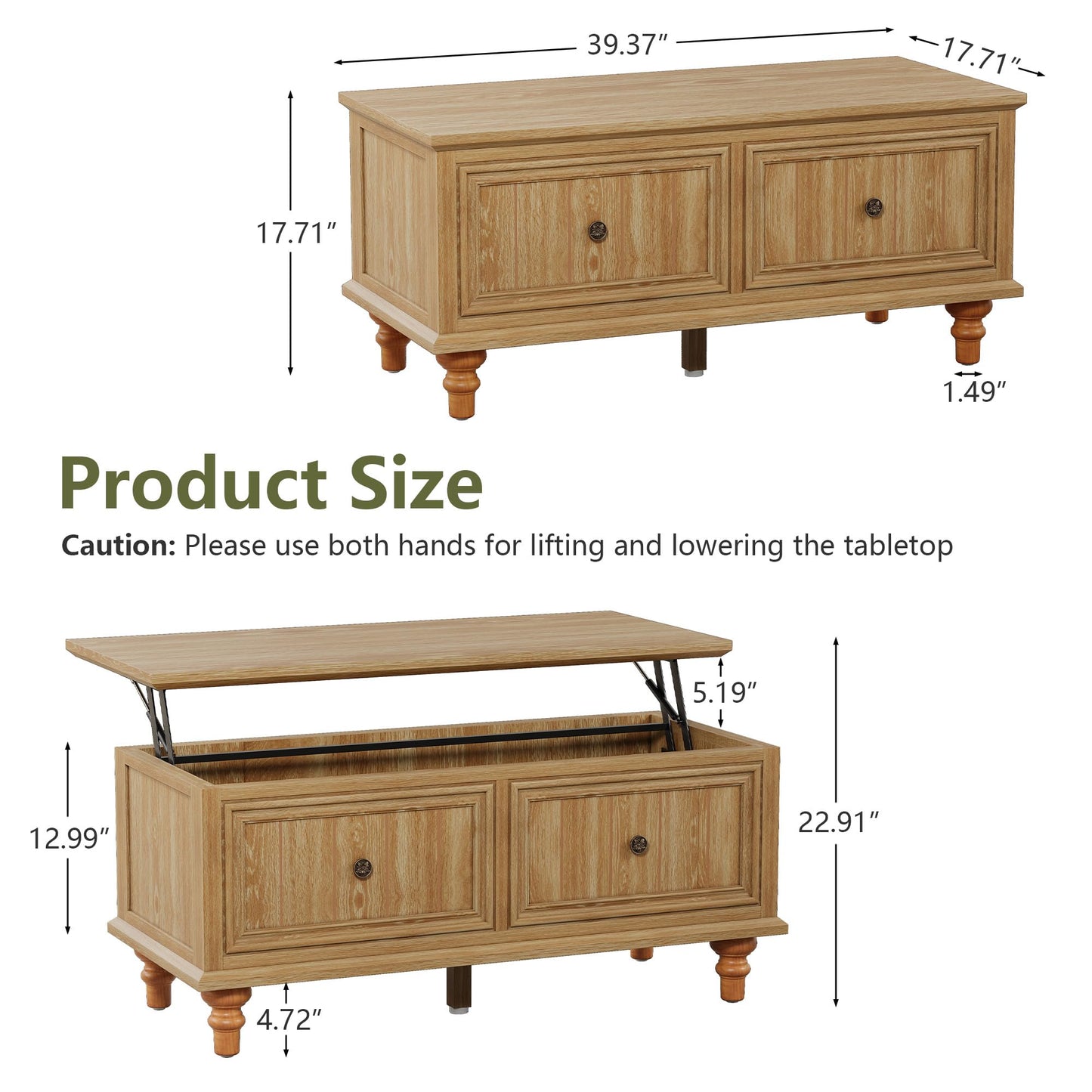 MAHYIZYI 39" Lift Top Coffee Table for Hidden Compartment, Wood Coffee Tables with Shelf, Farmhouse Rectangular Center Table Dining Table for Living Room Home Office Small Space (Natural)