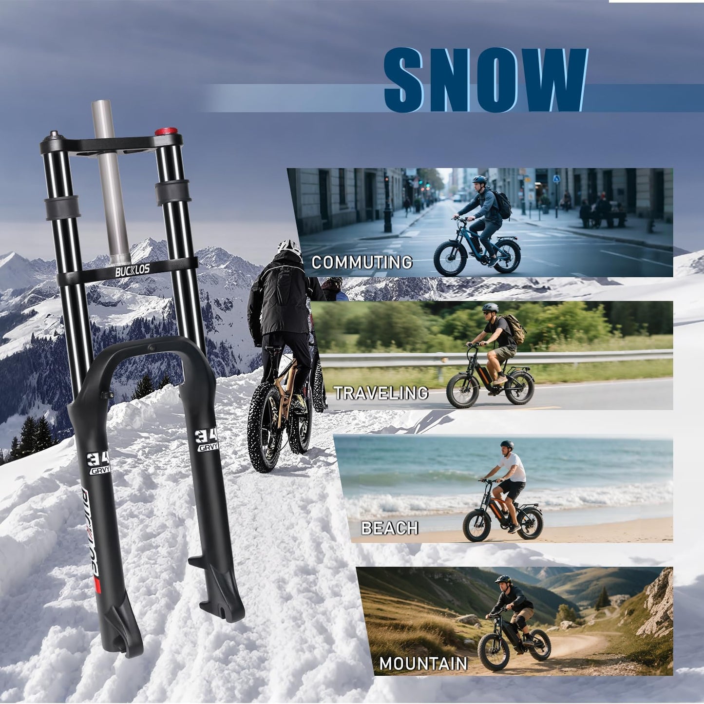 BUCKLOS 20 inch 4.0 Fat Tire Bike Suspension Fork, 180mm Travel 135mm Spacing Hub 9mm QR Ebike Oil MTB Fat Fork, Double Crown 1-1/8 Straight Electric Bicycle Front Fork, Snow Beach Mountain Bike