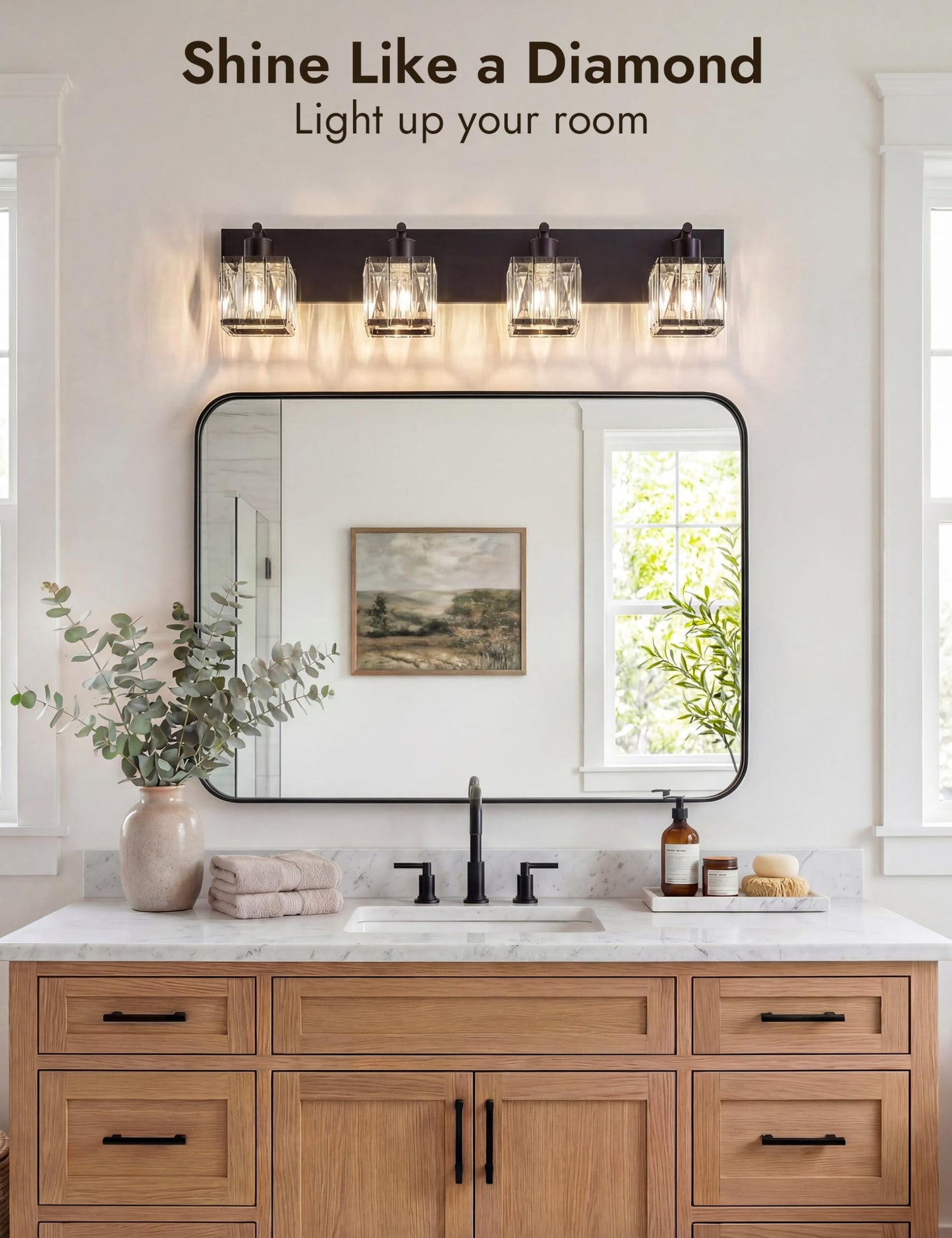 VOLISUN Black Bathroom Light Fixtures, Modern Bathroom Lighting Fixtures Over Mirror, 4 Light Bathrooms Vanity Light, Crystal Vanity Light for Bathrooms-UL Certificated(Exclude Bulb)