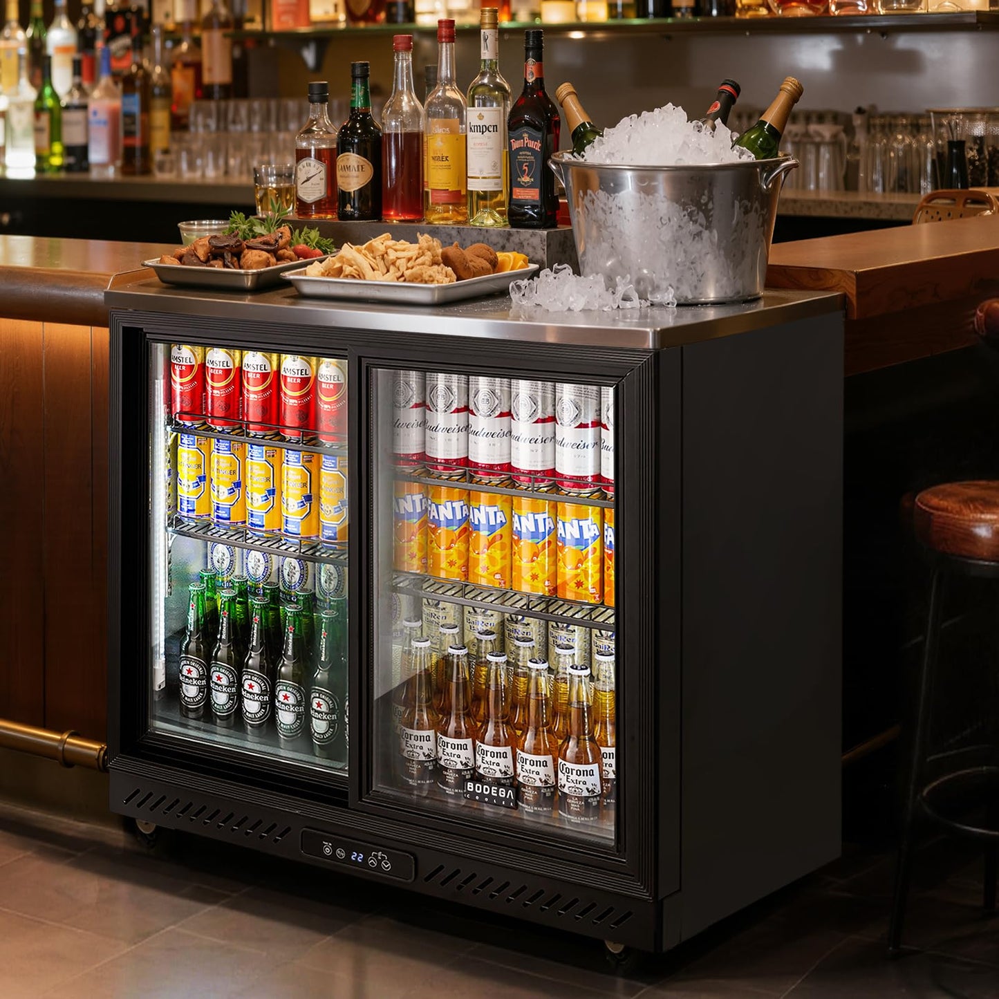 BODEGACOOLER Back Bar Cooler,7.7 Cu.ft Commercial Beverage Refrigerator with 2 Sliding Glass Doors, Stainless Top,Beverage Fridge Perfect for Beer,Wine,Soda,DOE Approved