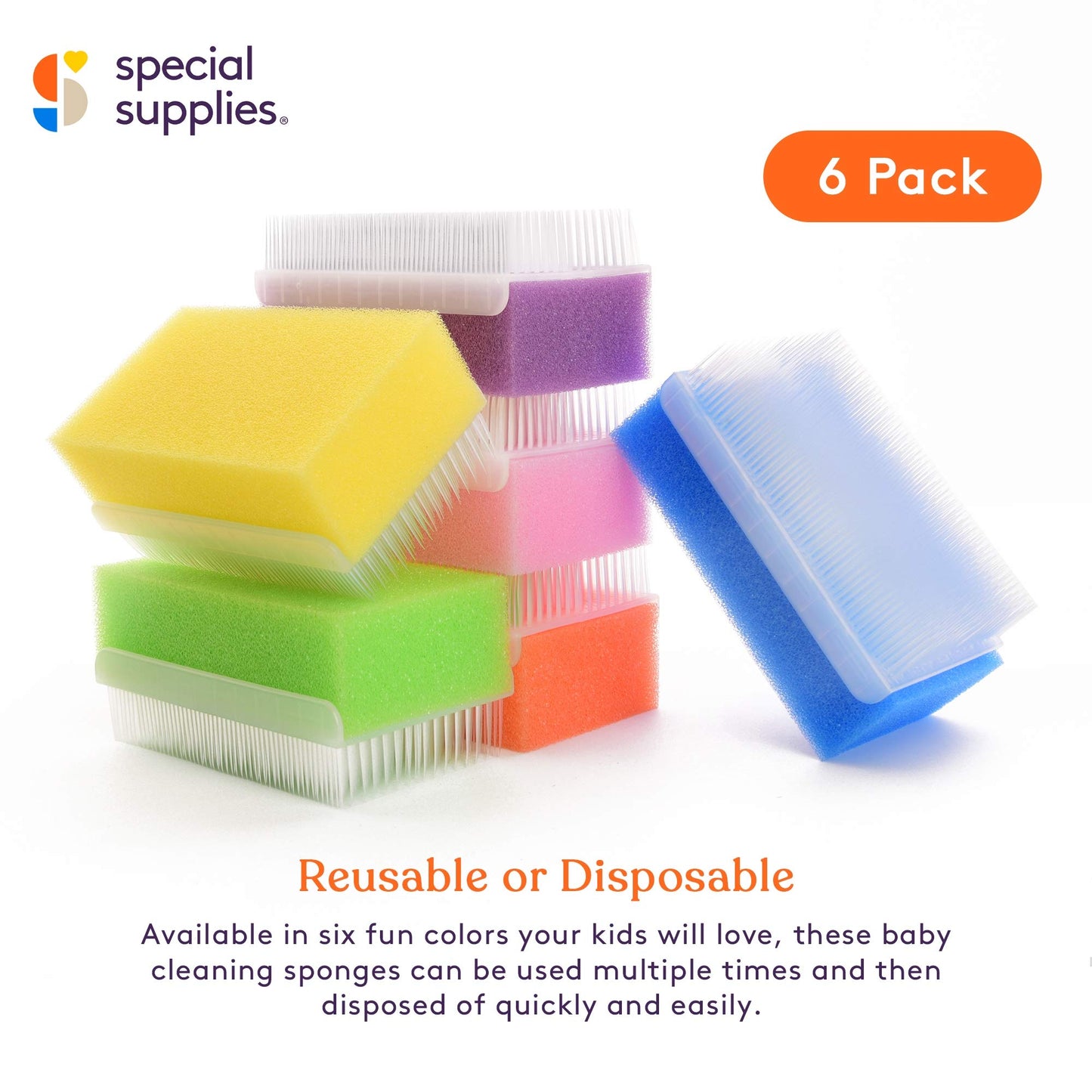 Special Supplies (6 Pack) Baby Bath Sponges Soft Foam Sensory Scrubber with Cradle Cap Bristle Brush - Body, Hair, and Scalp Cle