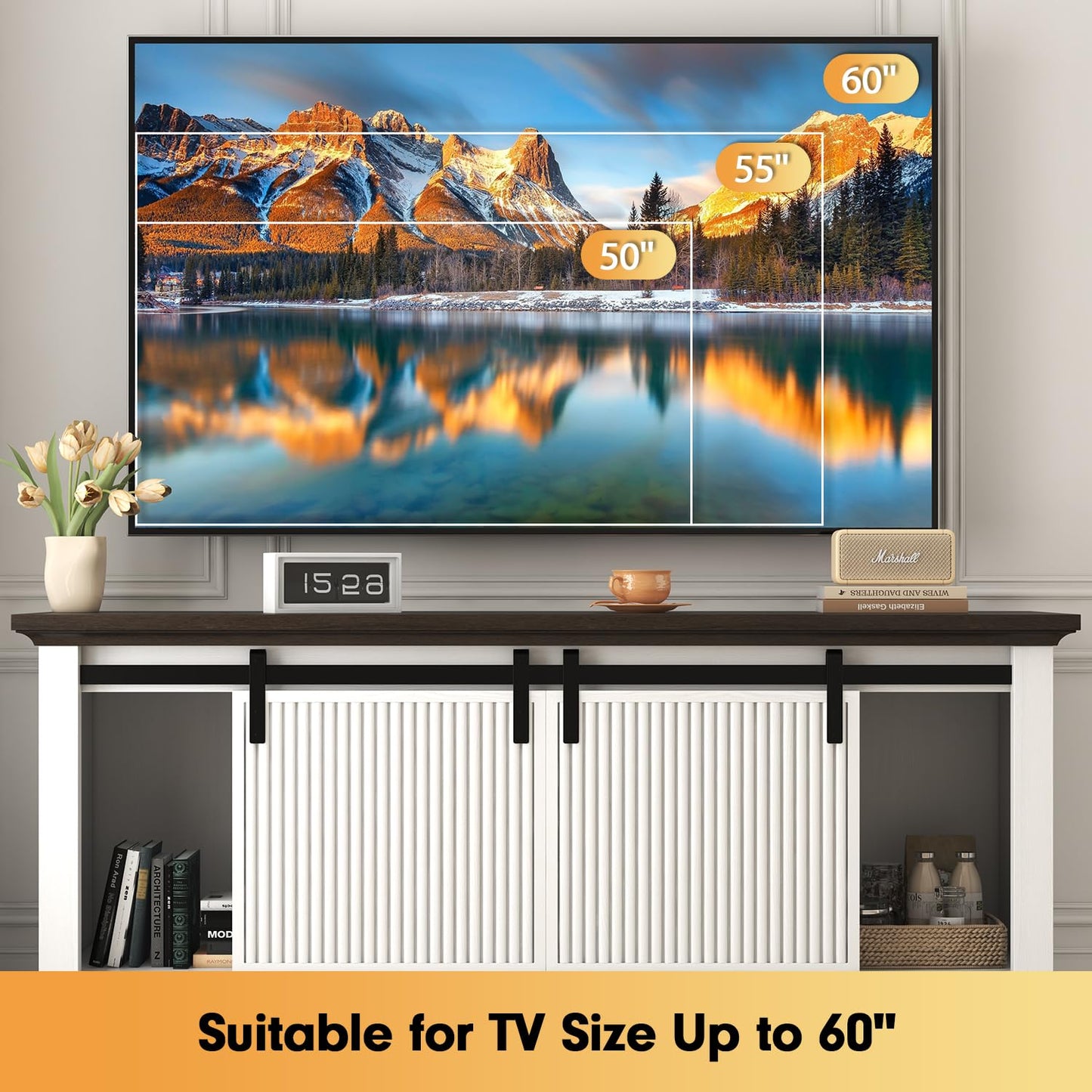 UNIQUITE TV Stand for 60 Inch TV, Fluted Modern Entertainment Center with Sliding Door and Storage Cabinets, TV Console for Living Room & Bedroom (White)