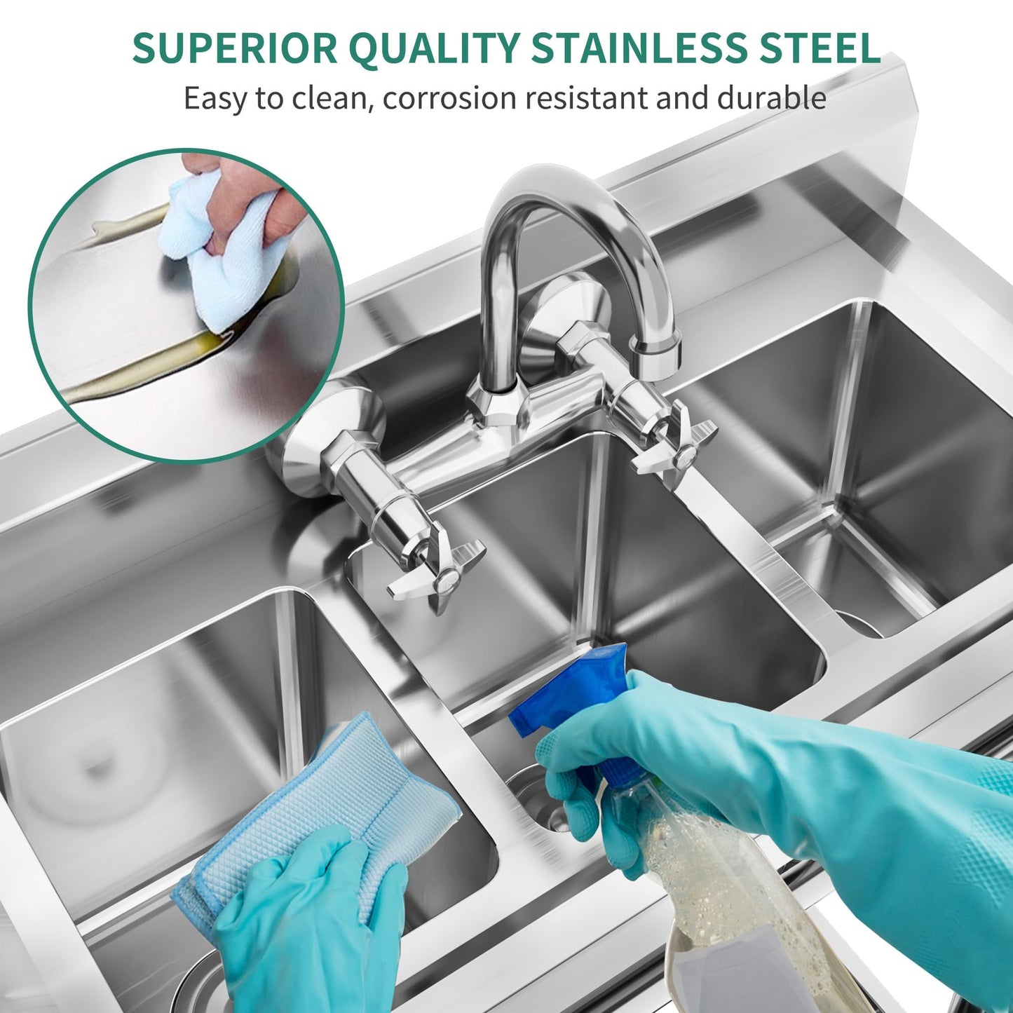 YITAHOME Freestanding Commercial Restaurant Kitchen Sink NSF Stainless Steel 3 Compartment Bowl Outdoor Sink with Storage Shelve for Restaurant, Garage (39"x 18"x 37")