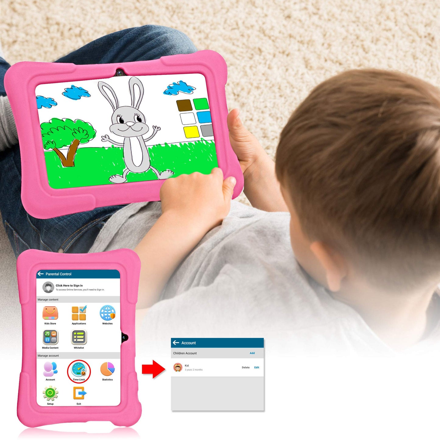 Pritom 7 Inch Kids Tablet, Quad Core Android 13, 32 Gb Rom, Wifi, Bluetooth, Dual Camera, Educationl, Games, Parental Control, K