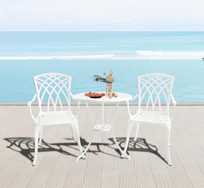 PATIO-IN White Bistro Table and Chairs Set of 2, Cast Aluminum White Bistro Set Outdoor, Patio Bistro Sets with Umbrella Hole, Round Back Yard Set for Porch Balcony Garden