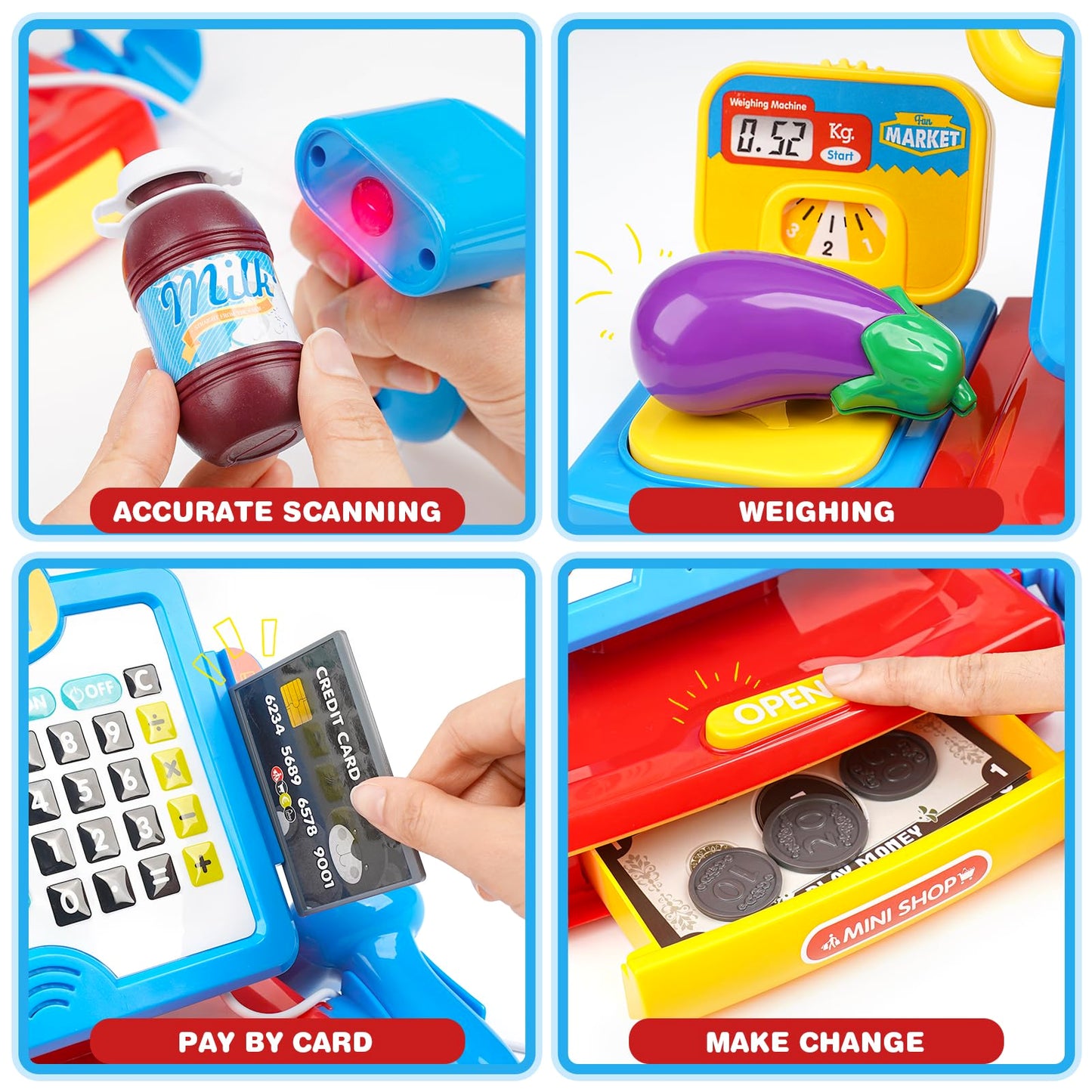 Cash Register Toy for Kids with Real Calculator, Cashier Register with Scanner/Weighter/Credit Card/ Play Money/ Food/Microphone, Pretend Play Store with Apron and Shopping Bag for Kids 3 4 5 6 7