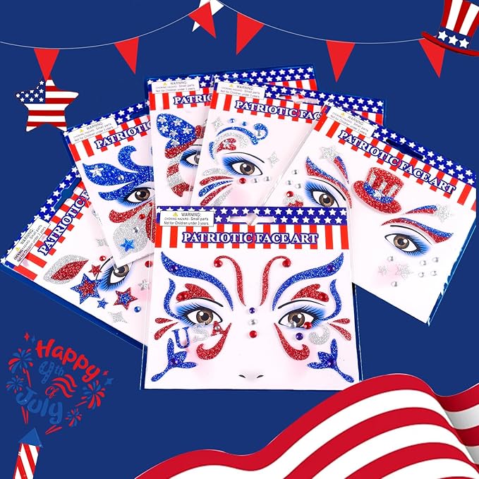 Yosca 6Pcs Independence Day Temporary Tattoos, Red White Blue Patriotic Glitter Face Stickers, Self Adhesive Star Face Art Sticker for 4th of July Memorial Day Veterans Day USA Flag Party