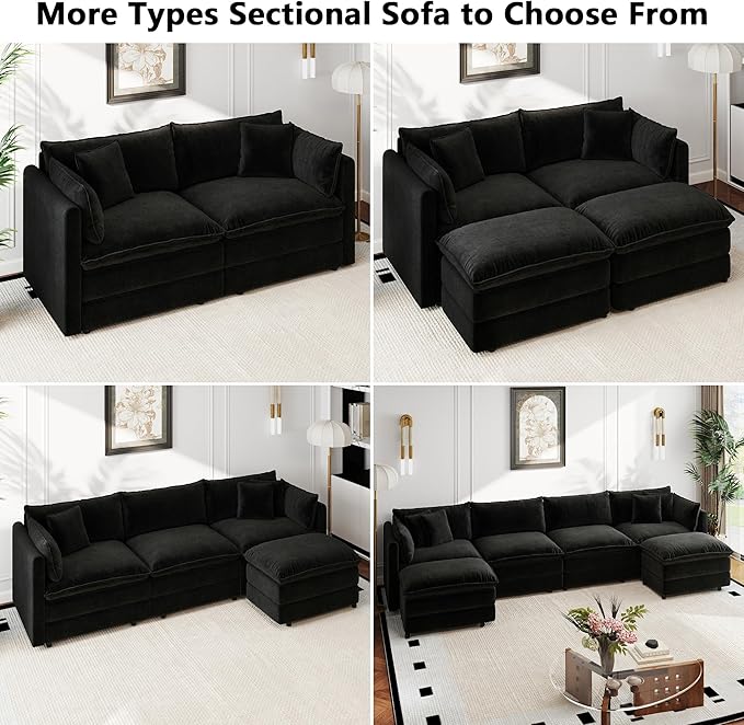 Aoowow Modular Sectional Sofa Modern Convertible Loveseat Couch,77.16 Inch Deep 2-Seater Sofas Comfy Chenille Cloud Sofas and Couches Set with Movable Ottoman for Living Room Apartment(Black)