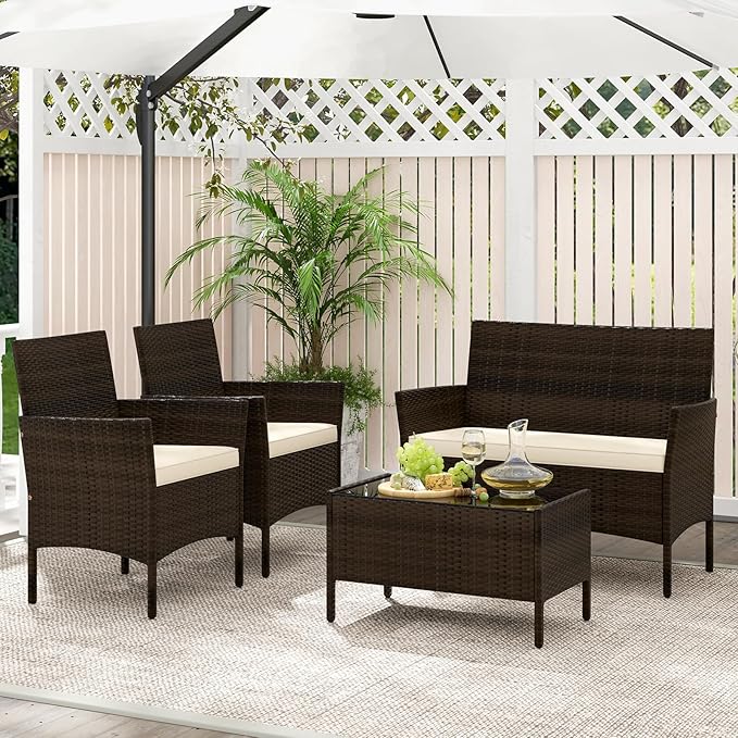 KOTEK 4 Piece Patio Furniture Set, Outdoor Rattan Conversation Set with Loveseat, Wicker Chairs, Tempered Glass Coffee Table, Wicker Patio Set for Backyard, Porch Beige