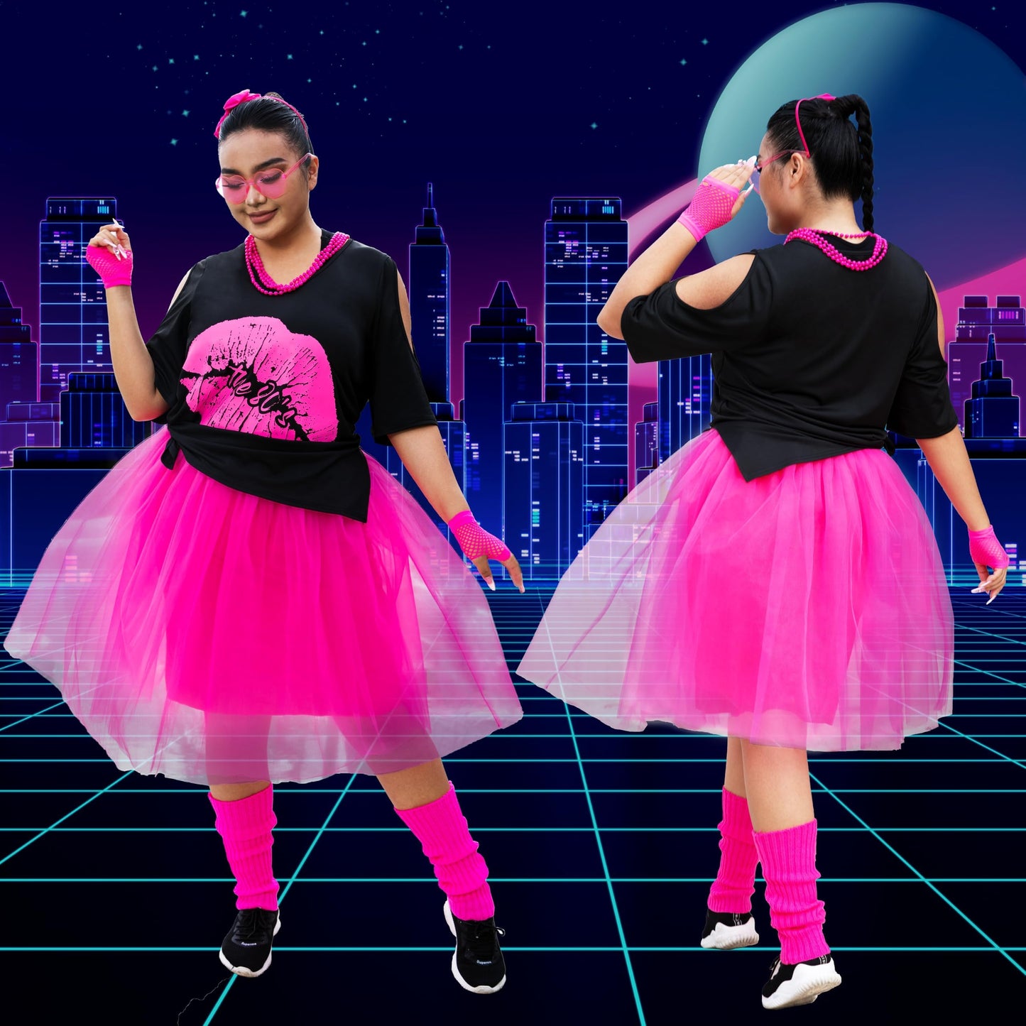 Yoody 80s Outfit for Women Plus Size 80s Costumes Oversized Shirts Tutu Set 12-14
