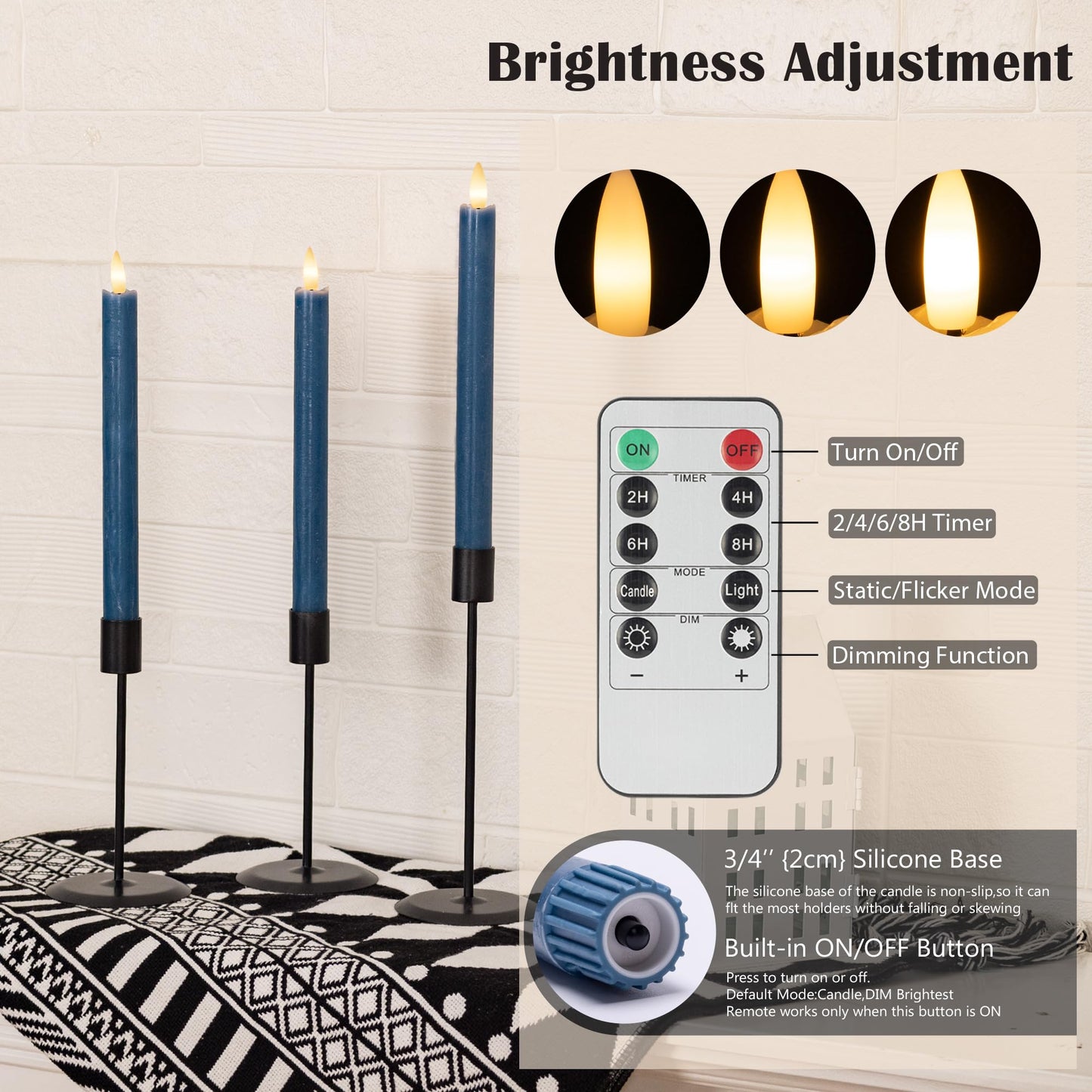 SEHNSY Flameless Taper Candles with Remote, Real Wax Battery Operated LED Candles Set with 3D Flickering Flame, 9.6" Realistic Dripless Candlesticks for Wedding Home Decor, 3 Pack Blue