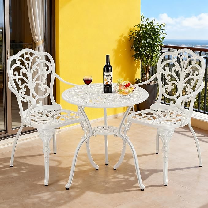 Withniture Patio Bistro Set 3 Piece Cast Aluminum Outdoor Bistro Set, Rust Resistance Bistro Table and Chairs of 2 with Umbrella Hole, Small Patio Set for Garden Outside, White