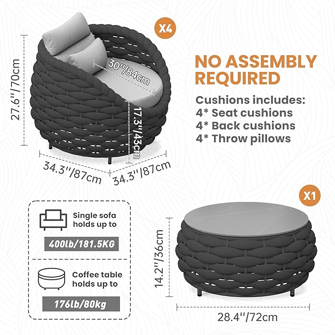 Erotr Front Porch Furniture Set: 5 Pieces Woven Rope Patio Conversation Set Aluminum - All Weather Cushioned Outdoor Sofa Set Assembled - Metal Modern Couch Set for 400lbs Deck Garden Poolside Hotel