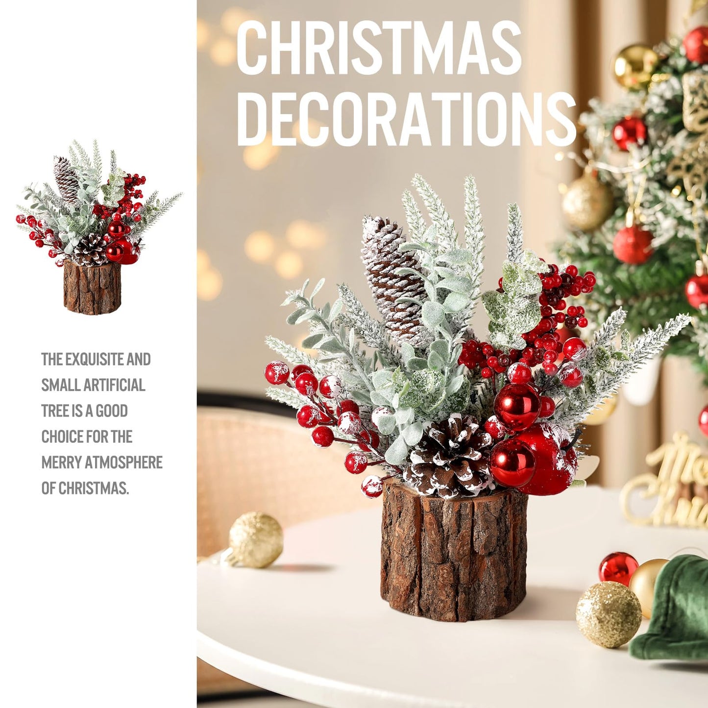 Hatisan Small Christmas Tree with Christmas Ornaments Pine Cone Berry, Tabletop Artificial Christmas Tree for Christmas Decorations Home Room Party Winter Indoor Outdoor(2 Pack Red-Round)