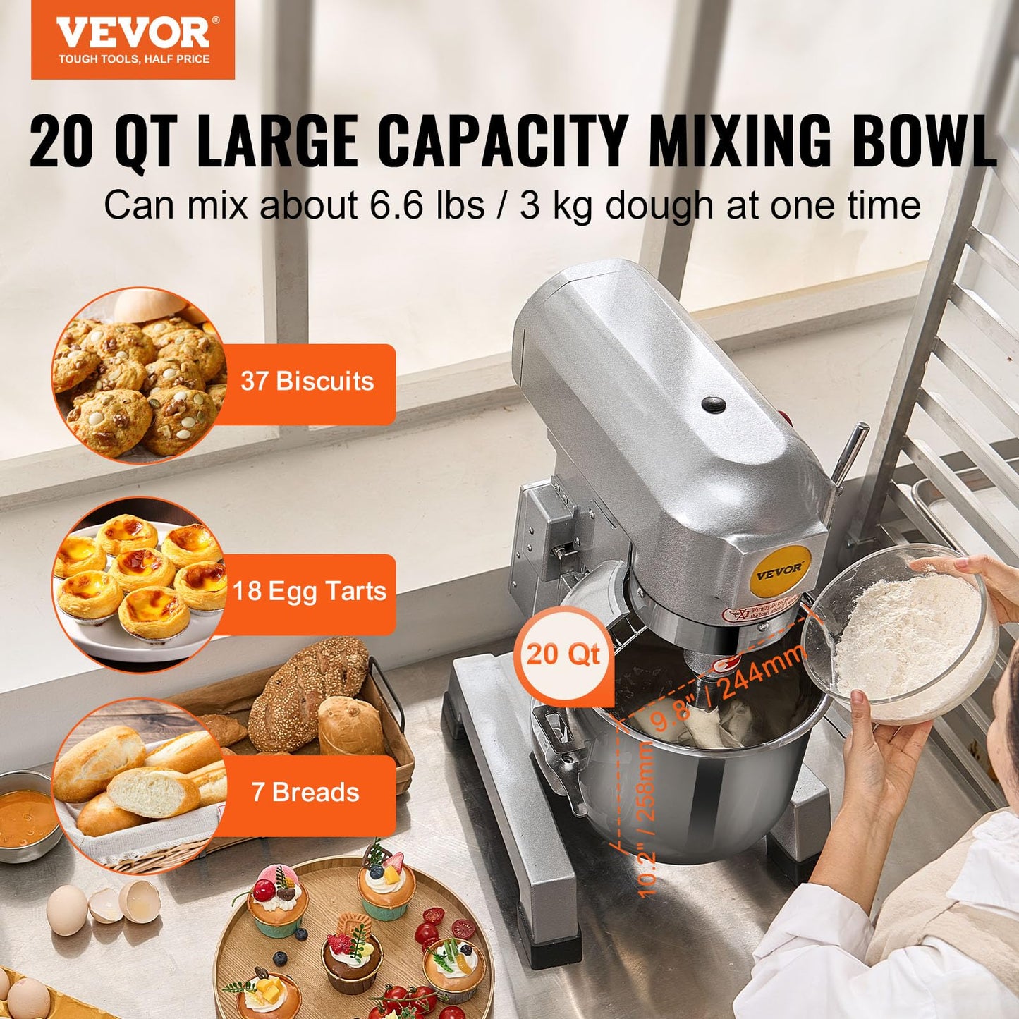 VEVOR Commercial Food Mixer, 20Qt Commercial Mixer with Timing Function, 750W Stainless Steel Bowl Heavy Duty Electric Food Mixer Commercial with 3 Speeds Adjustable 108/199/382 RPM, Dough Hook Whisk