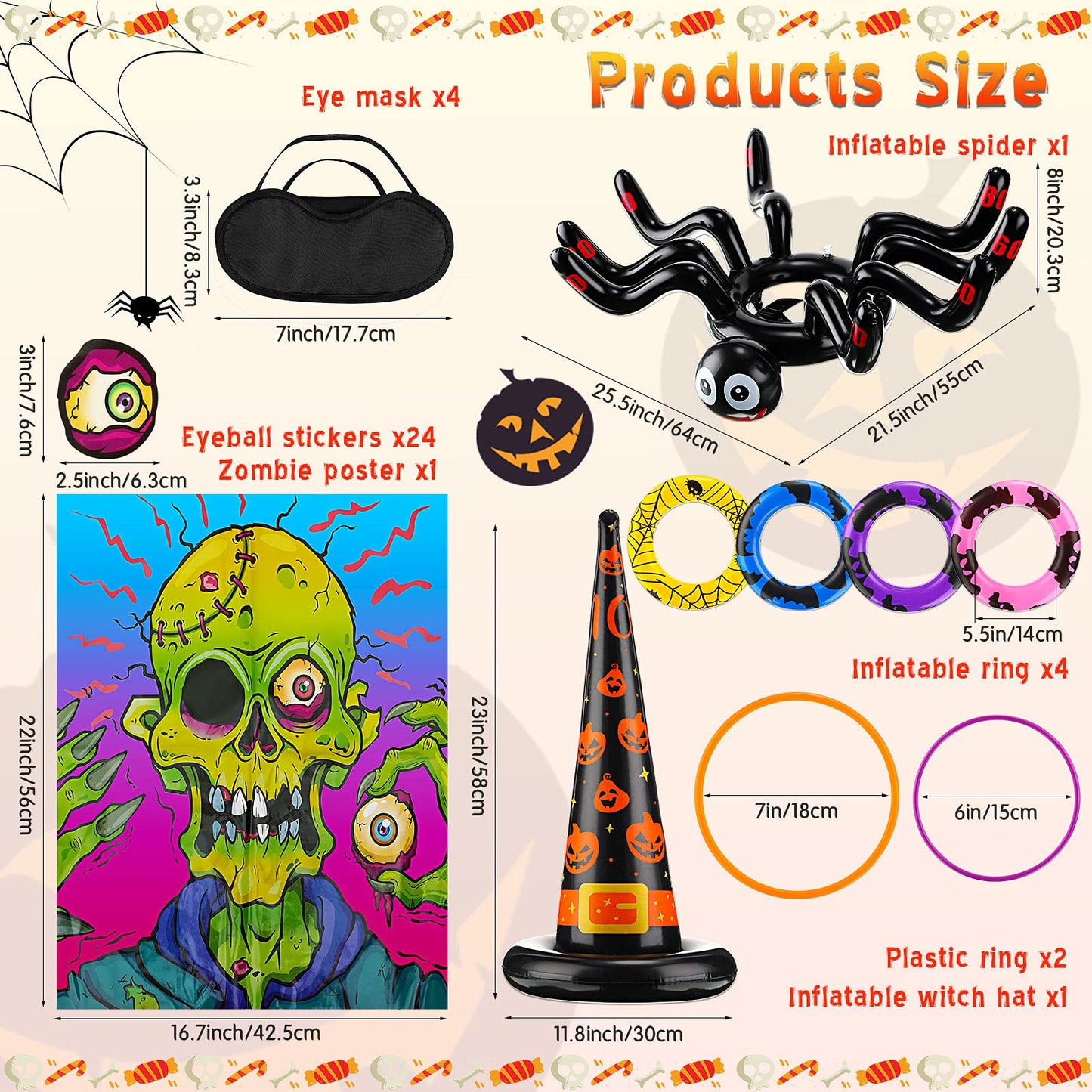Sumind Pin The Eyeball Zombie Halloween Party Game - Inflatable Spiders, Witch's Hat Toss, Ring Toss Throw Set for Adult Indoor/Outdoor Parties