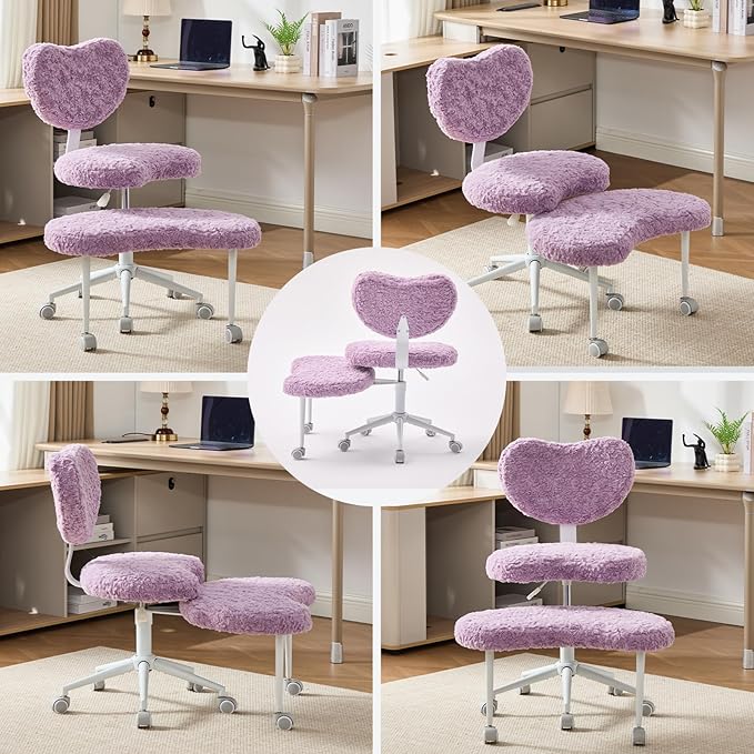 Meditation Chair with Wheels, Ergonomic Criss Cross Chair, Adjustable ADHD Floor Sitting Chair, Swivel Cross Legged Office Chair with High Back, Kneeling Posture Chair, Plush Faux Fur Fabric(Violet)