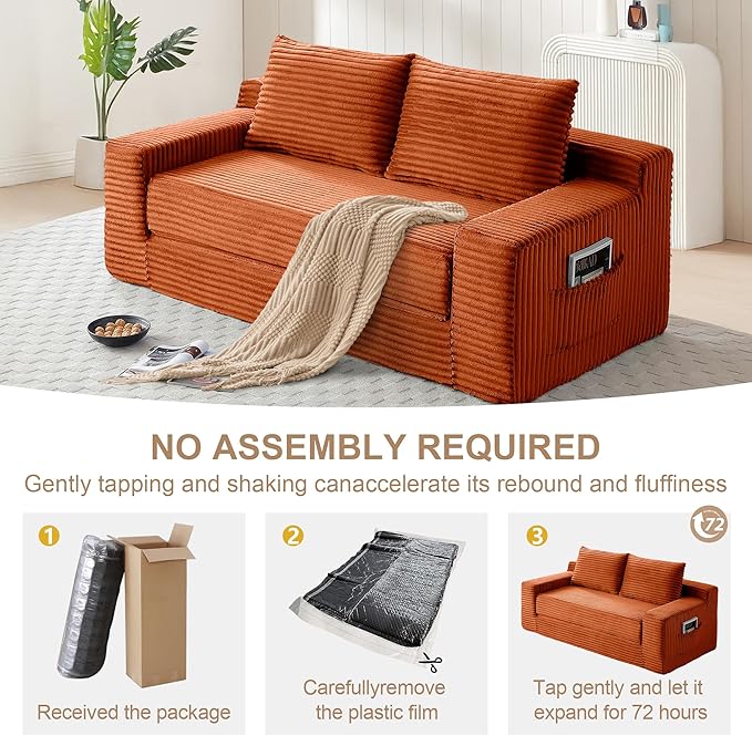 73" Convertible Sofa Bed, 2 in 1 Folding Couch Bed, Boneless Couch in a Box, Cloud Loveseat Sleeper, Fold Out Comfy Floor Futon Sofa with 2 Pillows for Living Room Bedroom, No Assembly (Orange, 73")