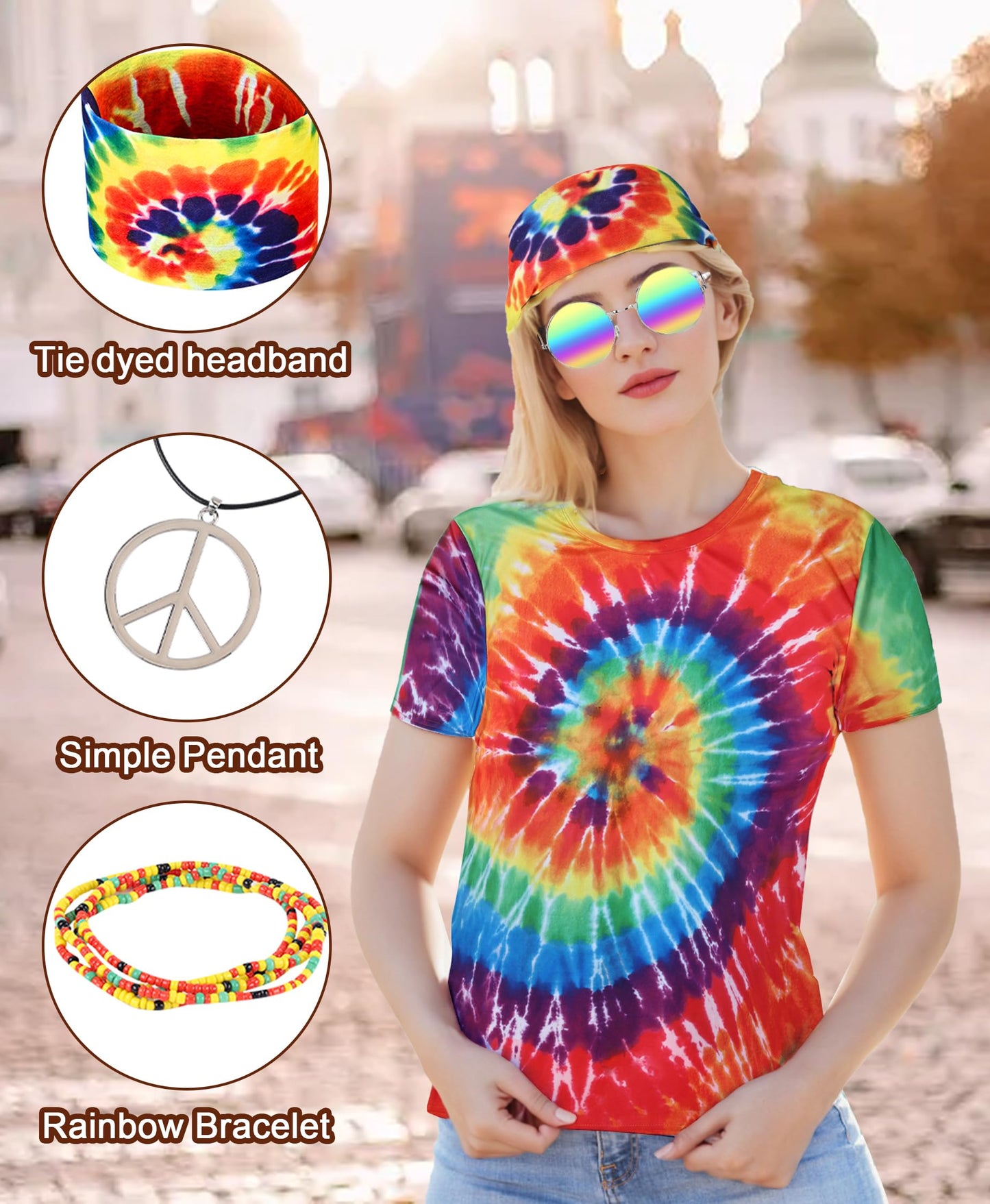 Men's Hippie Costume 60s 70s Style Colorful T-Shirt with 5-Piece Accessory Set for 70s Outfits Theme Party (XL)