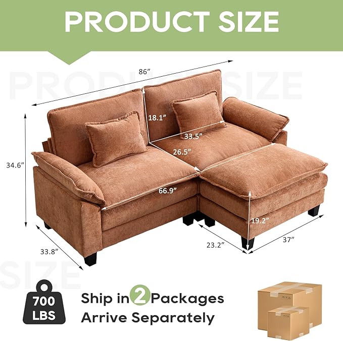 Oprisen 86" Modular Sectional Sofa, Comfy Cloud Couch Sectional Sofa with Ottoman, Chenille Sofa Sleeper Deep Seat Sofa with Throw Pillows for Living Room (Orange, 86"- L Shape)