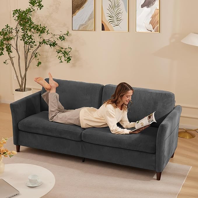 Corduroy Loveseat Sofa, Modern Comfy Couches with Side Pocket, Cloud Sofa Couch for Living Room, Bedroom and Small Spaces,Grey