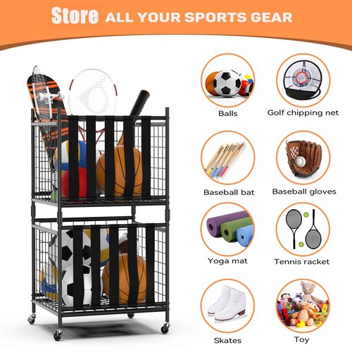 WALMANN Garage Ball Storage, Sports Ball and Sport Equipment Organizer Ball Storage Rack Indoor/Outdoor Rolling Ball/Toy Storage Cart
