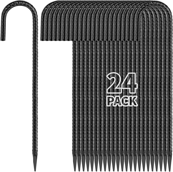 Besitu 16 Inches 24-Pack J Hook Rebar Stakes Heavy Duty Tent Stakes with Chisel Point End, Steel Ground Anchors Metal Garden Stakes Chain Link Fence Stakes Black Coated