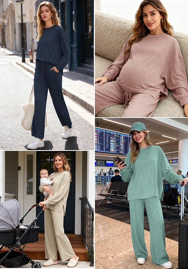 AmazingStar Womens Lounge Set 2025 Fall 2 Piece Outfits Long Sleeve Tops Wide Leg Long Pants Cozy Matching Sets Clothing