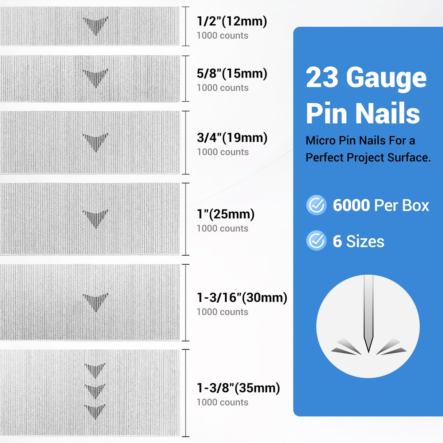 meite 23 Gauge Pin Nails, Assorted 6 Sizes (1/2", 5/8", 3/4", 1", 1-3/16", 1-3/8") Micro Headless Piner Nails - Galvanized 23GA Pins Nails for Nail Gun, Ideal for Trim Work (6,000 Counts)