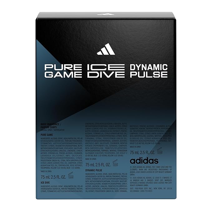 adidas Dynamic Pulse, Ice Dive, Pure Game Giftset, Natural Spray 2.5 fl oz, Notes of Rosemary, Lemon, Peppermint, and Grapefruit, Men's Fragrance, Long Lasting, Sporty Fragrance