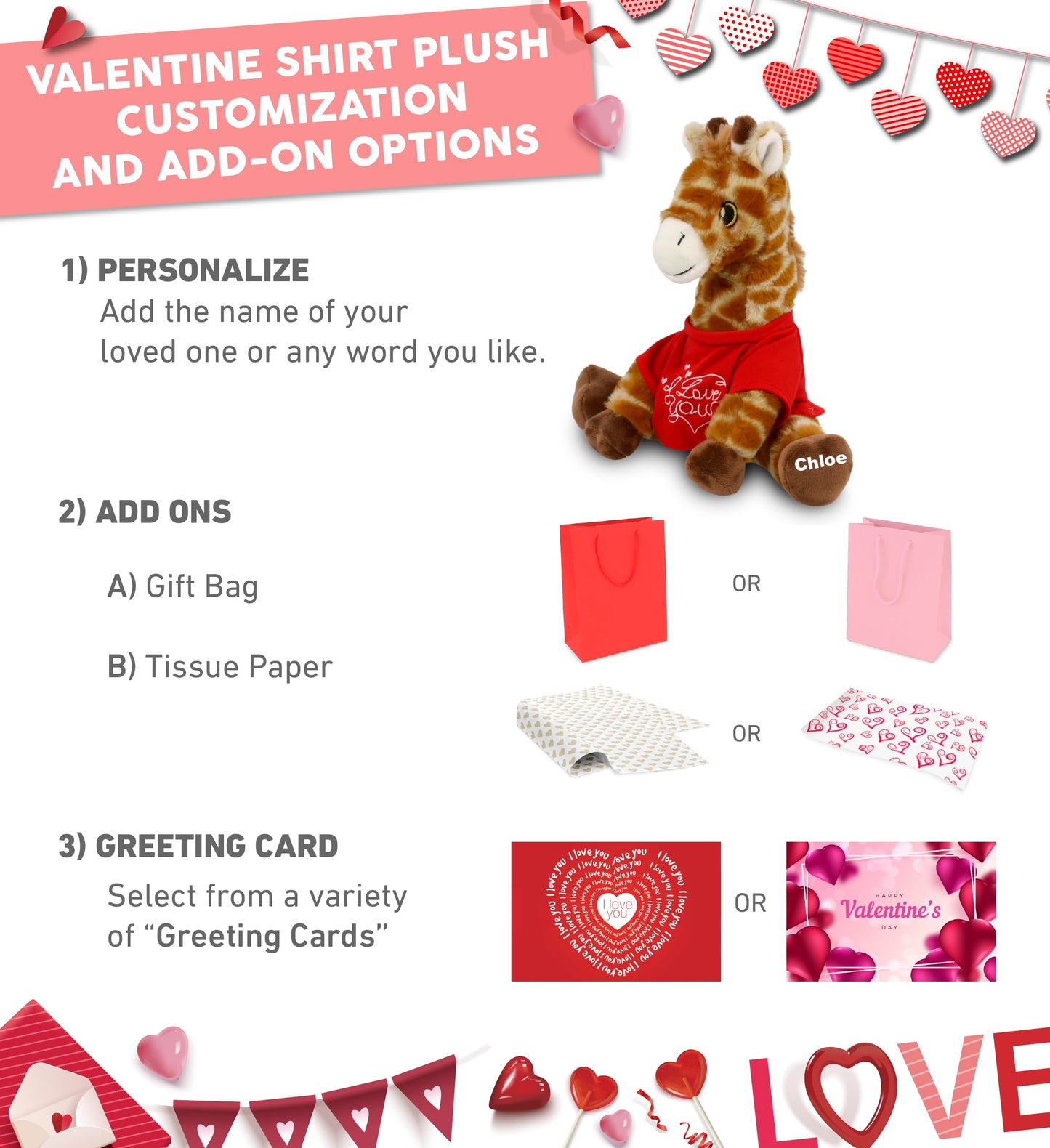 DolliBu I Love You Valentine Plush Eco-Friendly Giraffe - Cute Stuffed Animal with Red Shirt and Name Personalization Gift for Valentines Day, Birthday, Anniversary, Romantic Date - 10 Inches