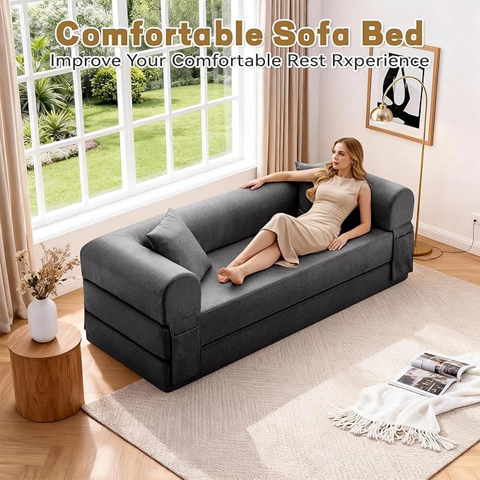 GJQ Convertible Sleeper Sofa Bed,78.5 Inch Faux Leather Futon Couch with Pillows & Storage Pocket,5-in-1 Folding Sofa Bed Queen with Pull Out Beds,Boneless Couches for Living Room,Couch in a Box,Gray