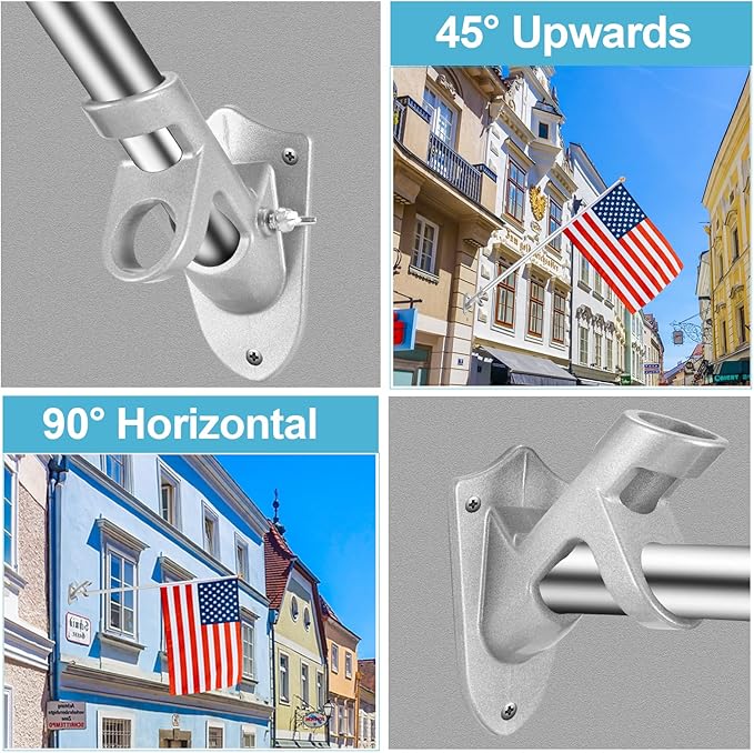 Flag Pole Holder Brackets, BONWIN 1" Flag Pole Mounting Bracket with Hardwares for House Wall Mount, 1" Inner Diameter, Two Positions & Aluminium Alloy, Rust Free Coated (Silver - 1 Pack)