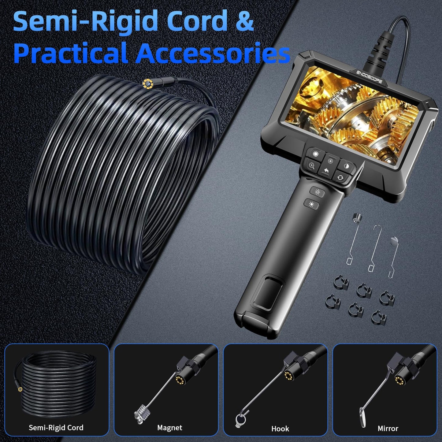 Endoscope Camera with Light - IP67 Waterproof Borescope Camera with 8 Adjustable LED Lights | 4.3" LCD Screen Borescope | HD 1080P Inspection Cameras with 16.5ft Semi-Rigid Cord Tools for Men