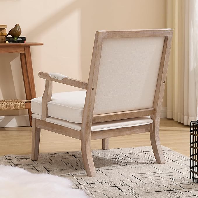 DM Furniture Mid Century Modern Accent Chair Upholstered Living Room Chairs with Armrest Linen Fabric Comfy Lounge Armchair Retro Solid Wood Reading Chair for Bedroom, Guest Room, Balcony, Beige
