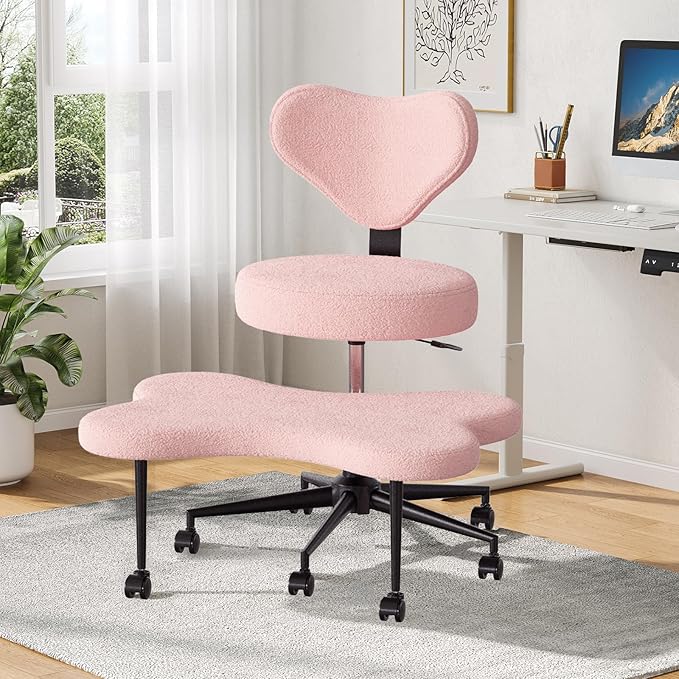 Nost & Host Cross Legged Office Chair with Wheels, 4INCH ADHD Chair for Adults, Meditation Chair, Height Adjustable Seat, Yoga Chair, Teddy Fabric, Pink
