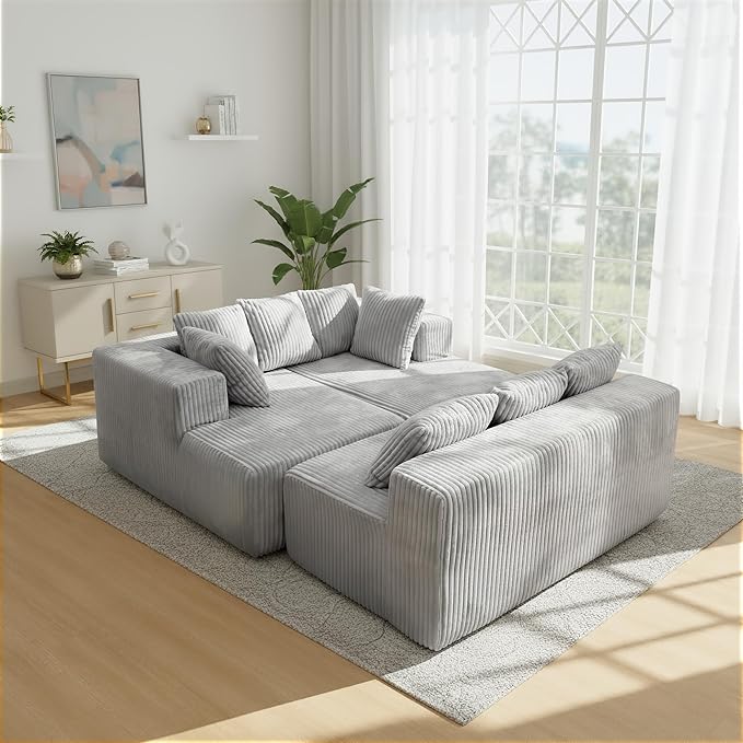 SEENYOO 130" Boneless Couch, Cloud Couch Sectional, Corduroy Sofa for Living Room, U Shaped Modular Sofa with Chaise, No Assembly, 4 Seats Oversized (Grey)